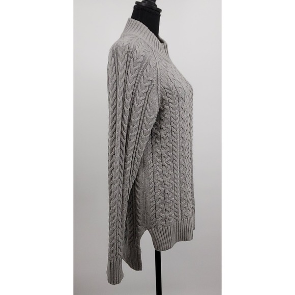Jeanne Pierre Fisherman Sweater L Grey Mock Neck Preppy Chunky Cable Knit Cotton - Picture 3 of 10